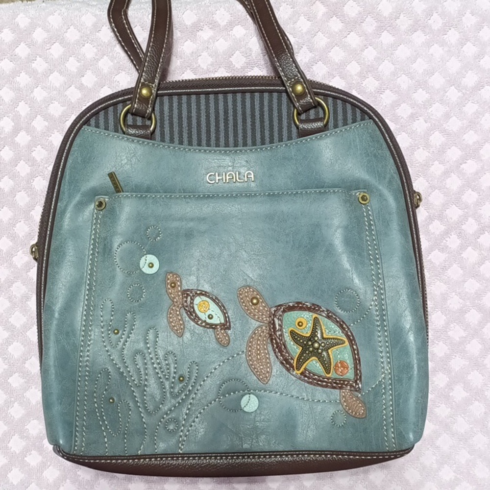 Chala Teal Sea Turtle Appliqué Backpack with Brown Trim